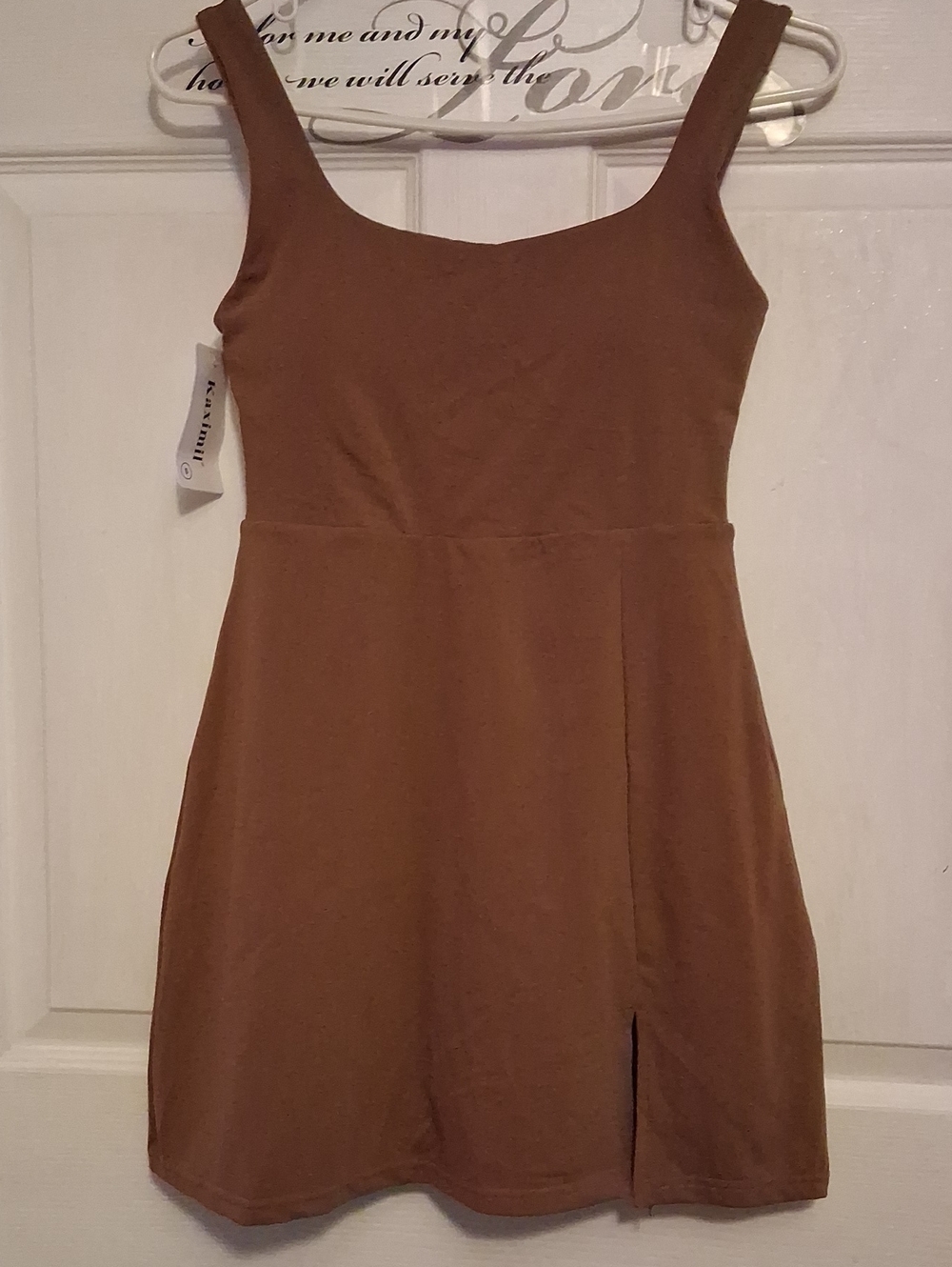 Square-Neck Mini Dress in Brown with Front Slit